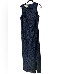 Oleg Cassini Midnight Blue Lace Formal Gown  with gold accented lace